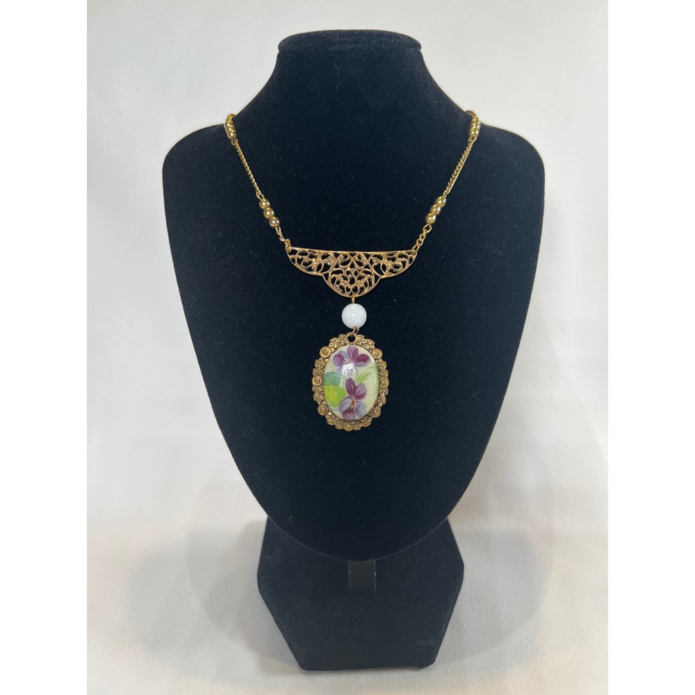 Vintage Gold Tone Floral Porcelain Pendant Necklace Purple Pansy Milk Glass Bead
